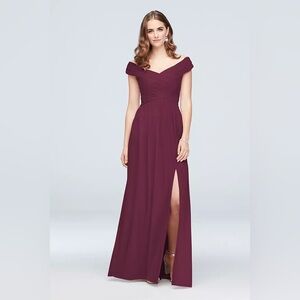 David’s Bridal Off the shoulder crossed bridesmaid dress wine color size 16